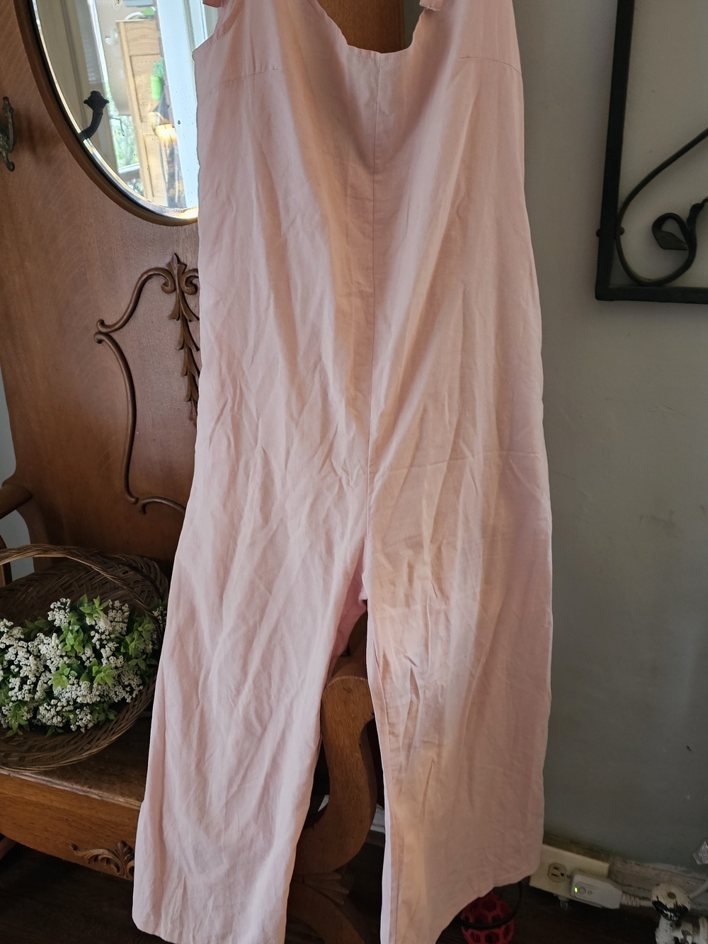 Floral Blooming Blush Pink Cotton Tie-Shoulder Wide Leg Jumpsuit | Size Large - Picture 2 of 7